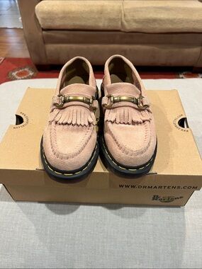 Dr. Martens Blush Suede Kiltie Loafers with Gold Horsebit